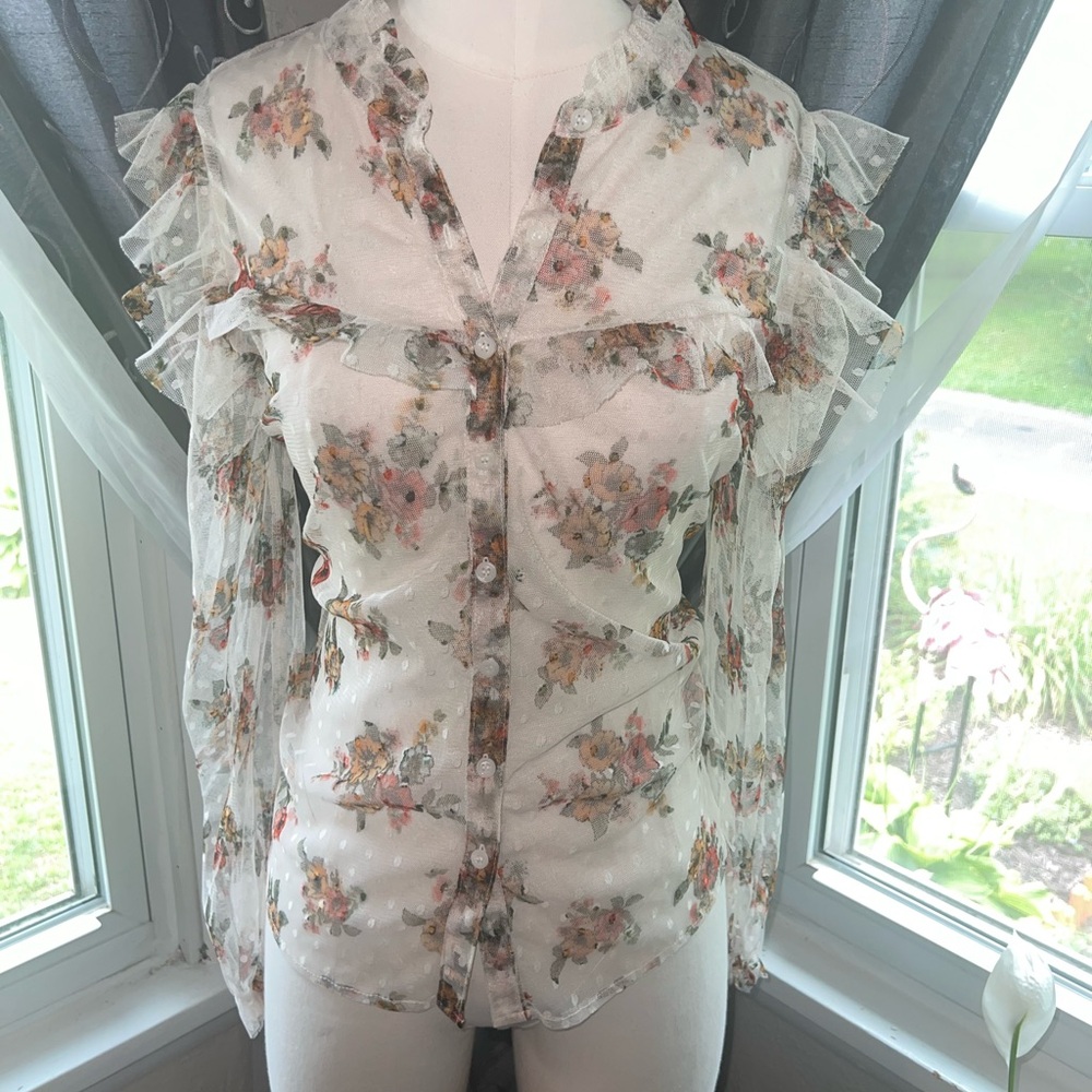 Elegant sheer Floral Ruffle Blouse